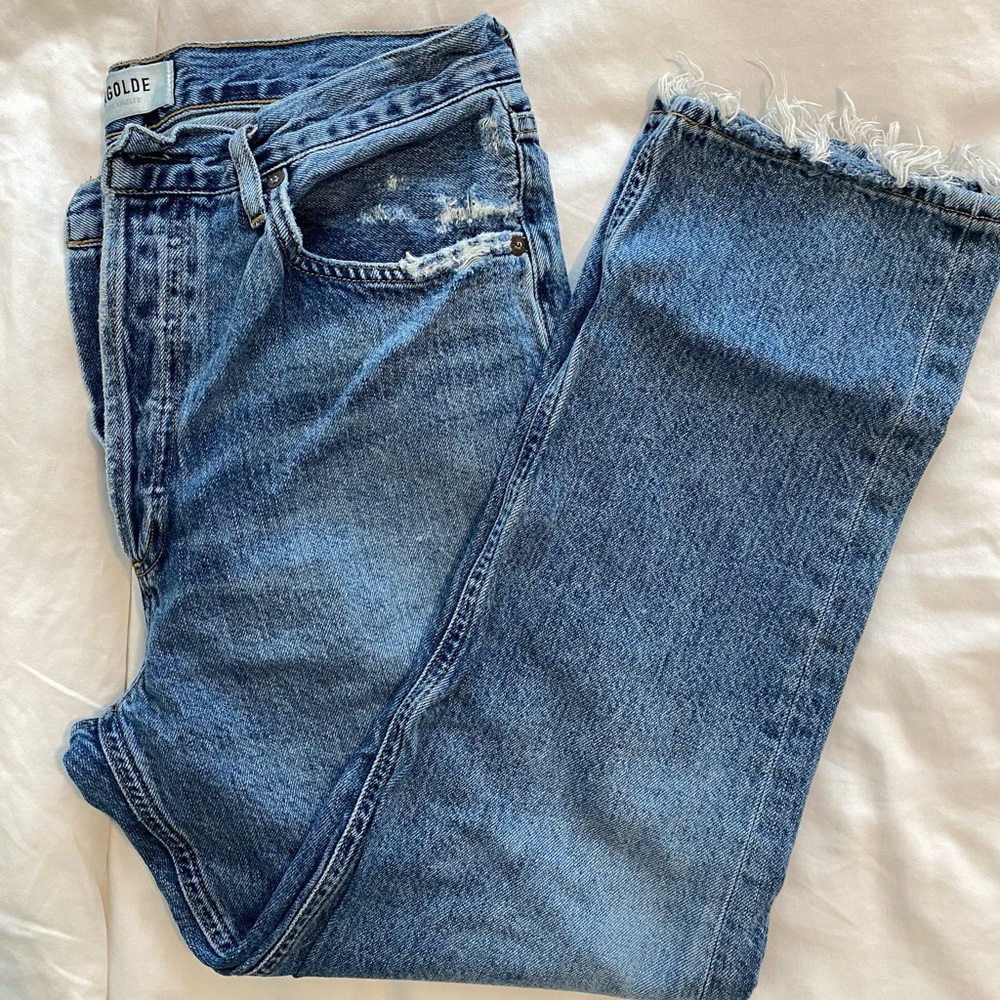 Agolde Riley Distressed Blue Straight Leg Jeans